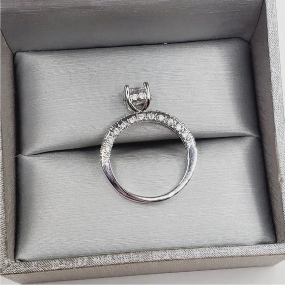 Round Cut Diamond Simulants Silver Tone Pave Engagement Ring